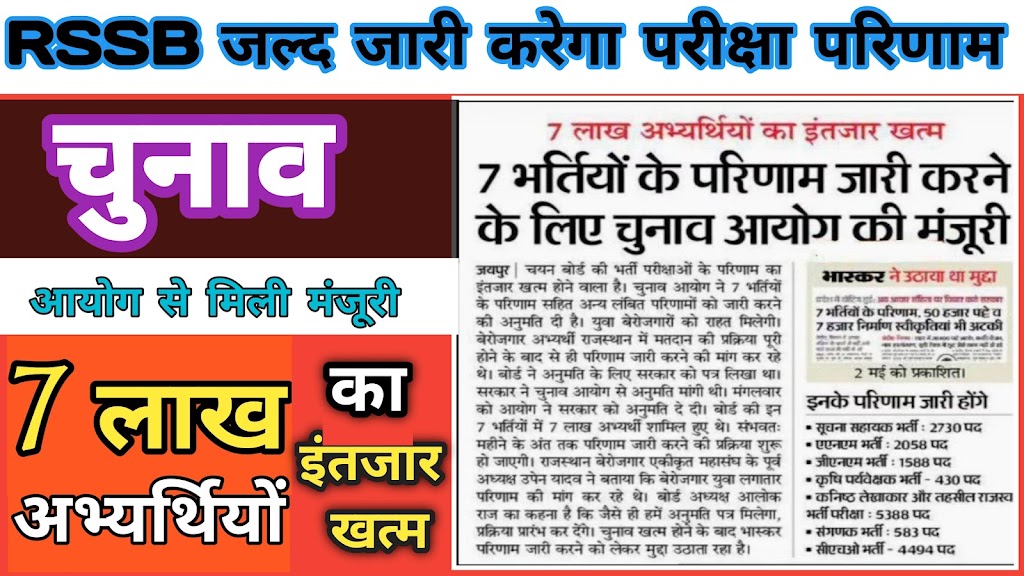 RSSB जल्द ही इन 7 भर्तियां का परिणाम जारी करेगा. चुनाव आयोग से मिली मंजूरी।RSSB will soon release the result of these 7 recruitments. Approval received from the Election Commission.