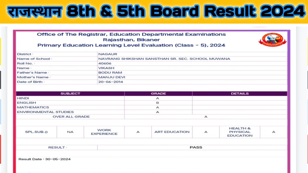 rajasthan board 8th & 5th board result