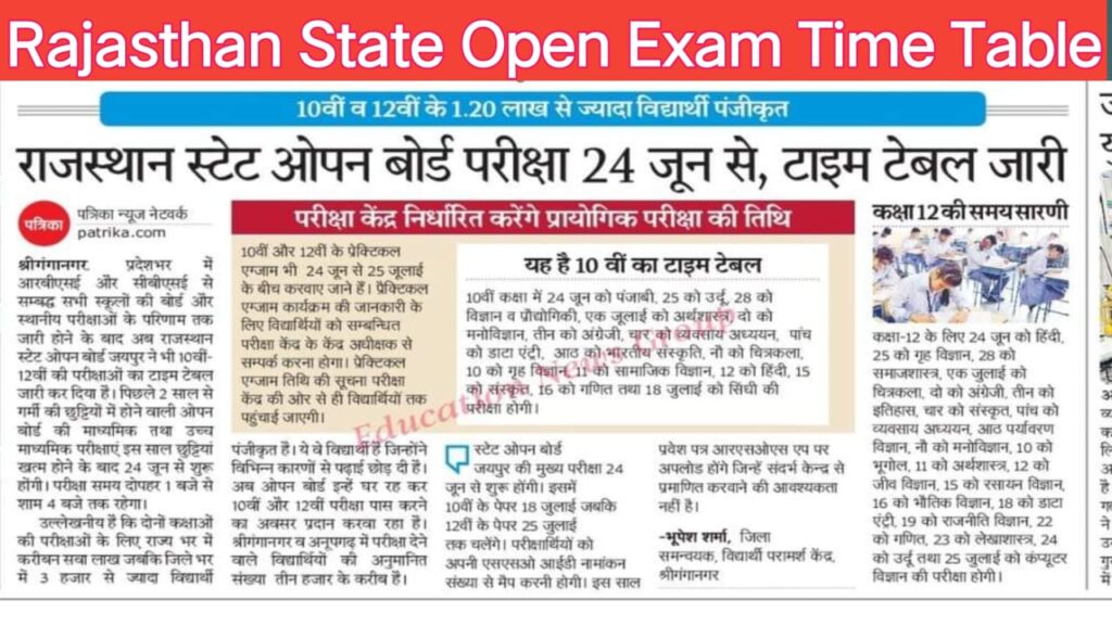 Rajasthan State Open Board Exam 2024