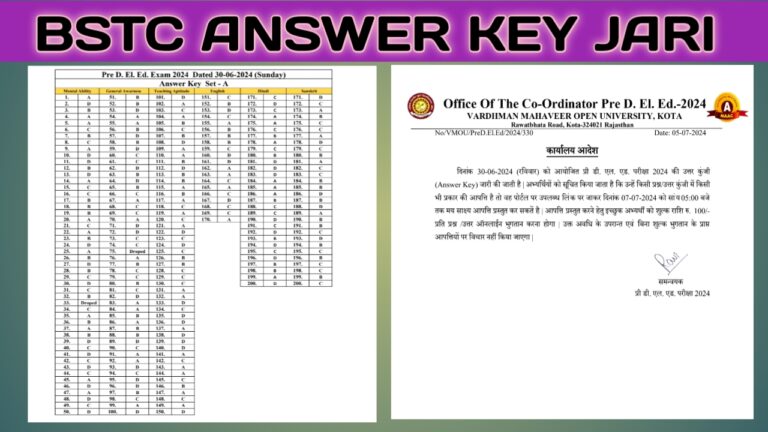 Rajasthan BSTC 2024 Answer Key Released : बीएसटीसी की आंसर-की जारी 7 जुलाई तक कर सकते है आपत्ति।