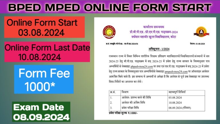 BPED MPED Online Form Start : बी.पी.एड और एम.पी.एड 2024-25 के ऑनलाइन फॉर्म प्रारंभ ।